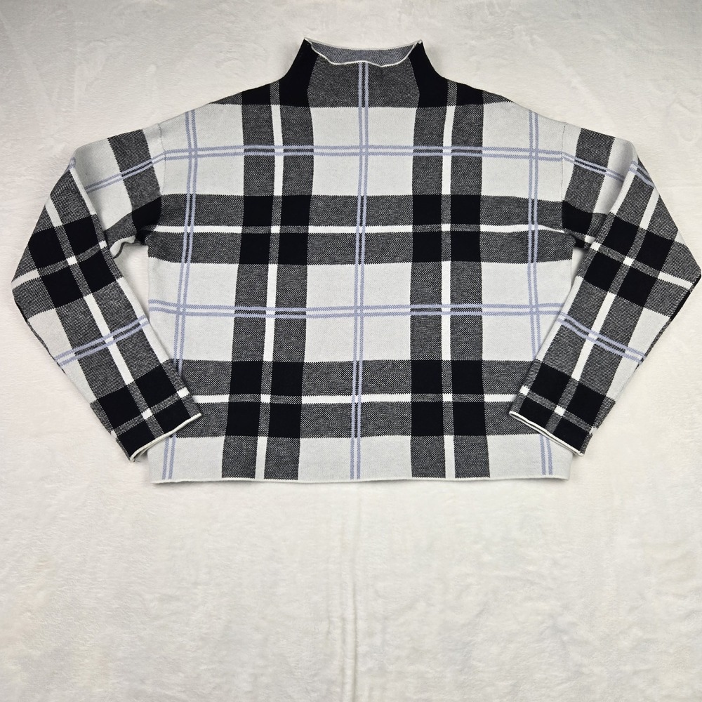Tahari Women's Black White Blue‎ Plaid Mock Neck Cropped Sweater Large